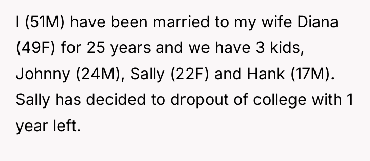 I (51M) have been married to my wife Diana (49F)...