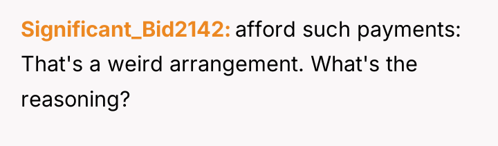 Significant_Bid2142 afford such payments: That's a weird arrangement. What's the...