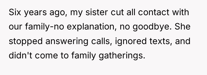 Six years ago, my sister cut all contact with our...