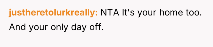 justheretolurkreally NTA It's your home too. And your only day...