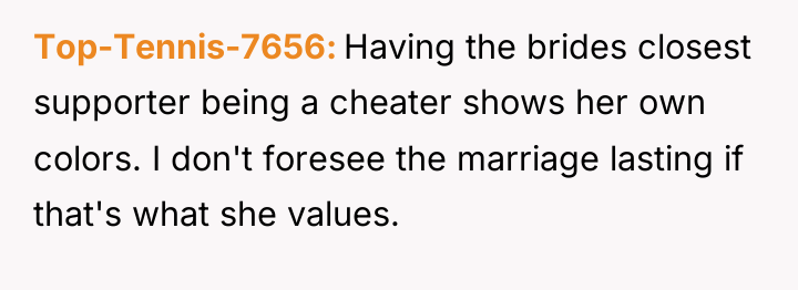 Top-Tennis-7656 Having the brides closest supporter being a cheater shows...