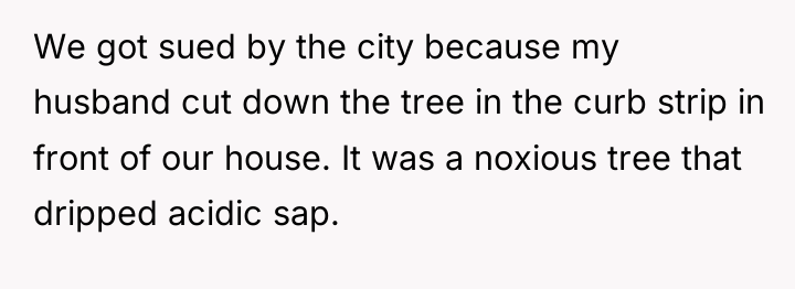 We got sued by the city because my husband cut...