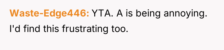 Waste-Edge446 YTA. A is being annoying. I'd find this frustrating...