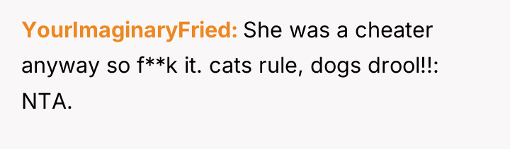 YourImaginaryFried She was a cheater anyway so f**k it. cats...