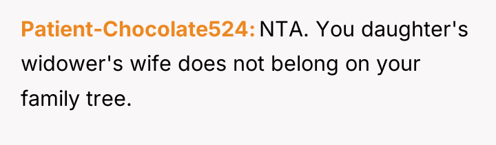 Patient-Chocolate524 NTA. You daughter's widower's wife does not belong on...