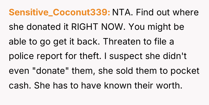 Sensitive_Coconut339 NTA. Find out where she donated it RIGHT NOW....