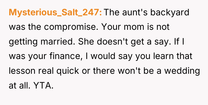 Mysterious_Salt_247 The aunt's backyard was the compromise. Your mom is...