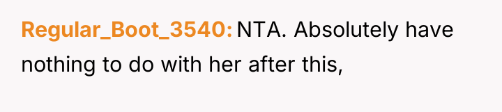 Regular_Boot_3540 NTA. Absolutely have nothing to do with her after...