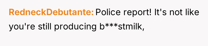 RedneckDebutante Police report! It's not like you're still producing b***stmilk,