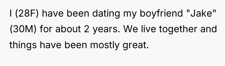 I (28F) have been dating my boyfriend "Jake" (30M) for...