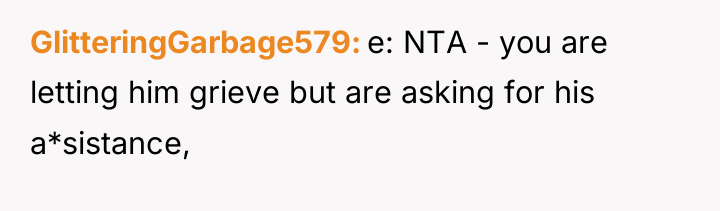 GlitteringGarbage579 e: NTA - you are letting him grieve but...