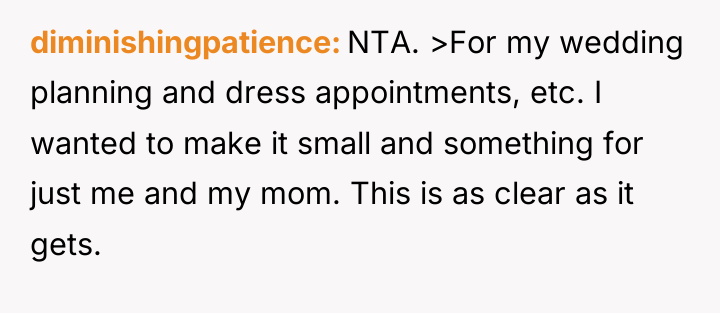 diminishingpatience NTA. >For my wedding planning and dress appointments, etc....