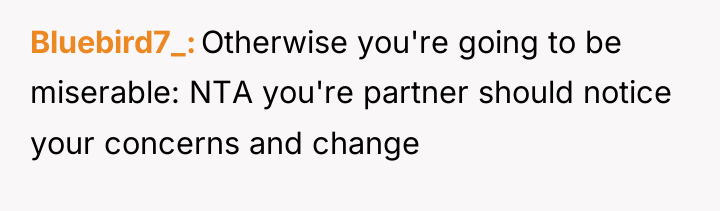 Bluebird7_ Otherwise you're going to be miserable: NTA you're partner...