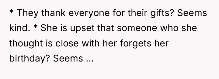 * They thank everyone for their gifts? Seems kind. *...