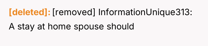 [deleted] [removed] InformationUnique313: A stay at home spouse should