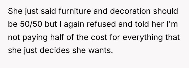 She just said furniture and decoration should be 50/50 but...