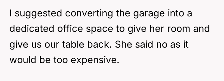 I suggested converting the garage into a dedicated office space...