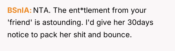 BSnIA NTA. The ent*tlement from your 'friend' is astounding. I'd...