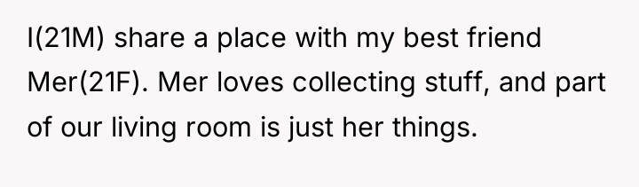 I(21M) share a place with my best friend Mer(21F). Mer...