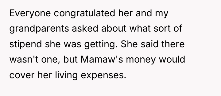 Everyone congratulated her and my grandparents asked about what sort...