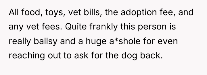 All food, toys, vet bills, the adoption fee, and any...