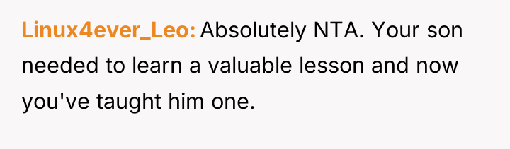 Linux4ever_Leo Absolutely NTA. Your son needed to learn a valuable...