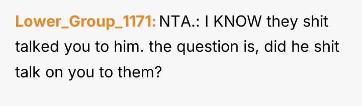 Lower_Group_1171 NTA.: I KNOW they shit talked you to him....