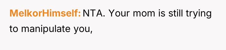 MelkorHimself NTA. Your mom is still trying to manipulate you,