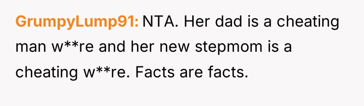 GrumpyLump91 NTA. Her dad is a cheating man w**re and...