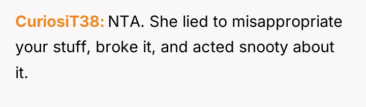 CuriosiT38 NTA. She lied to misappropriate your stuff, broke it,...