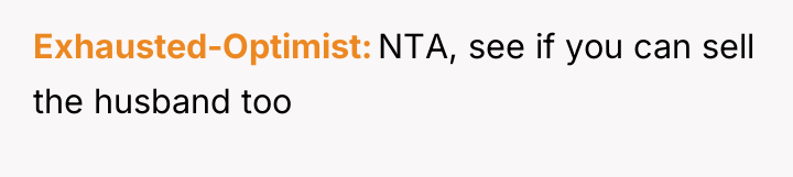 Exhausted-Optimist NTA, see if you can sell the husband too