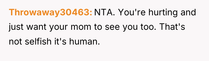 Throwaway30463 NTA. You're hurting and just want your mom to...