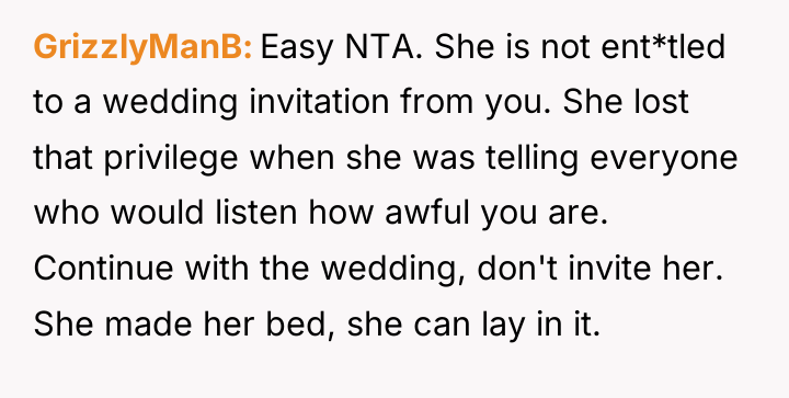 GrizzlyManB Easy NTA. She is not ent*tled to a wedding...
