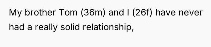 My brother Tom (36m) and I (26f) have never had...