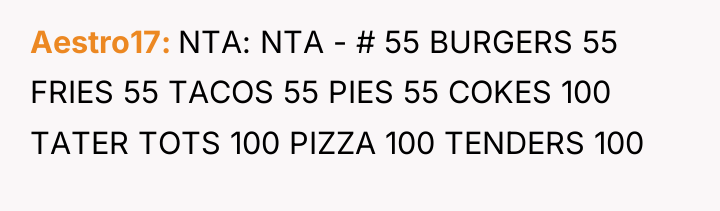 Aestro17 NTA: NTA - # 55 BURGERS 55 FRIES 55...