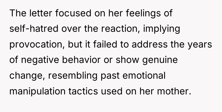The letter focused on her feelings of self-hatred over the...
