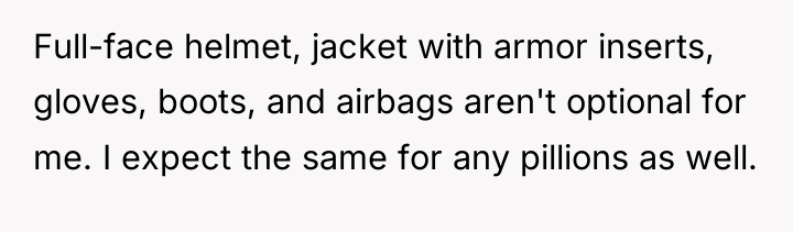 Full-face helmet, jacket with armor inserts, gloves, boots, and airbags...
