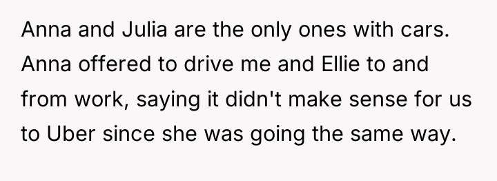 Anna and Julia are the only ones with cars. Anna...