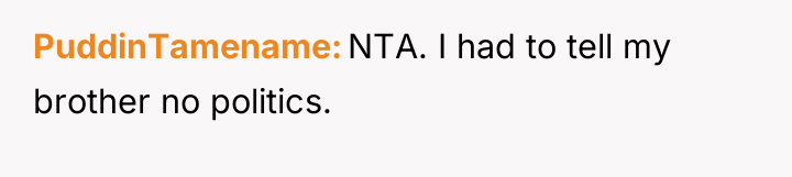 PuddinTamename NTA. I had to tell my brother no politics.