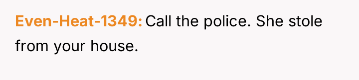 Even-Heat-1349 Call the police. She stole from your house.
