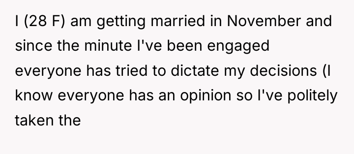 I (28 F) am getting married in November and since...