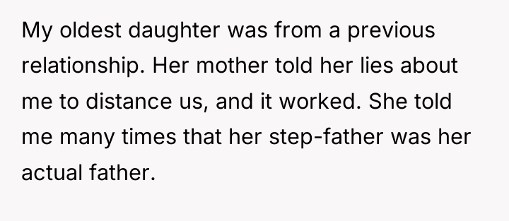 My oldest daughter was from a previous relationship. Her mother...
