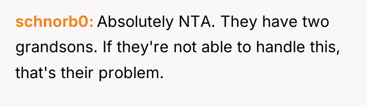 schnorb0 Absolutely NTA. They have two grandsons. If they're not...