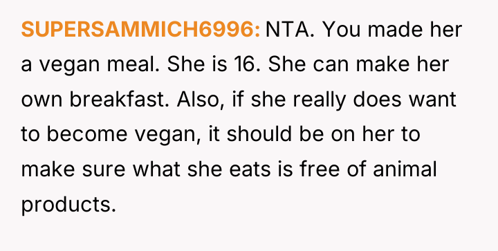 SUPERSAMMICH6996 NTA. You made her a vegan meal. She is...