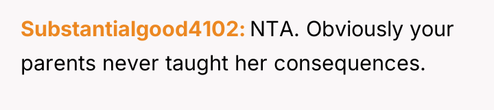 Substantialgood4102 NTA. Obviously your parents never taught her consequences.