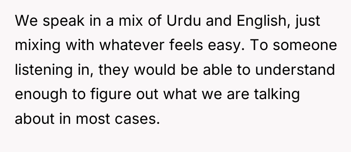 We speak in a mix of Urdu and English, just...