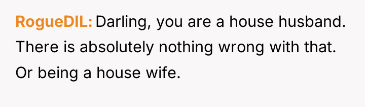 RogueDIL Darling, you are a house husband. There is absolutely...