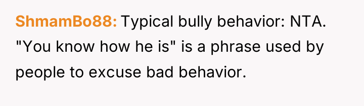 ShmamBo88 Typical bully behavior: NTA. "You know how he is"...