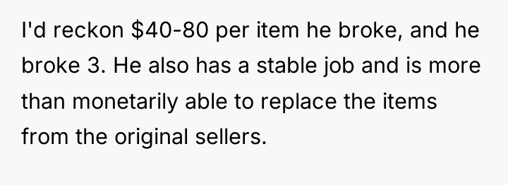 I'd reckon $40-80 per item he broke, and he broke...