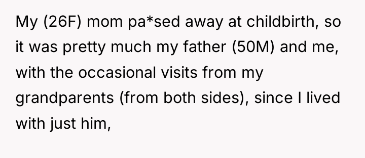 My (26F) mom pa*sed away at childbirth, so it was...